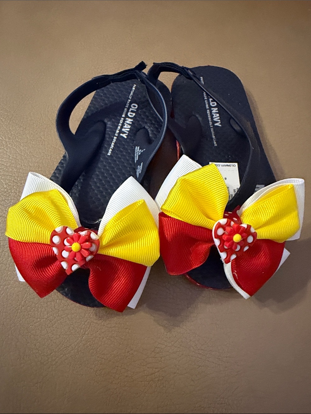 Old Navy Black Kids Flip-Flops with Red, Yellow & White Bow Accents